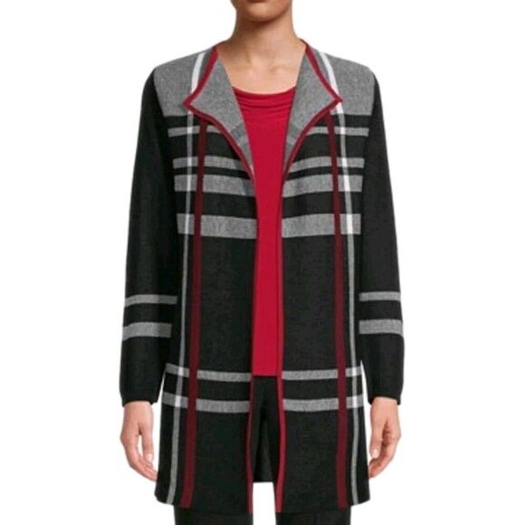 Kasper Women's Cardigan Size L Black/Red Plaid Long Sleeve Open Front Cotton - Picture 1 of 12
